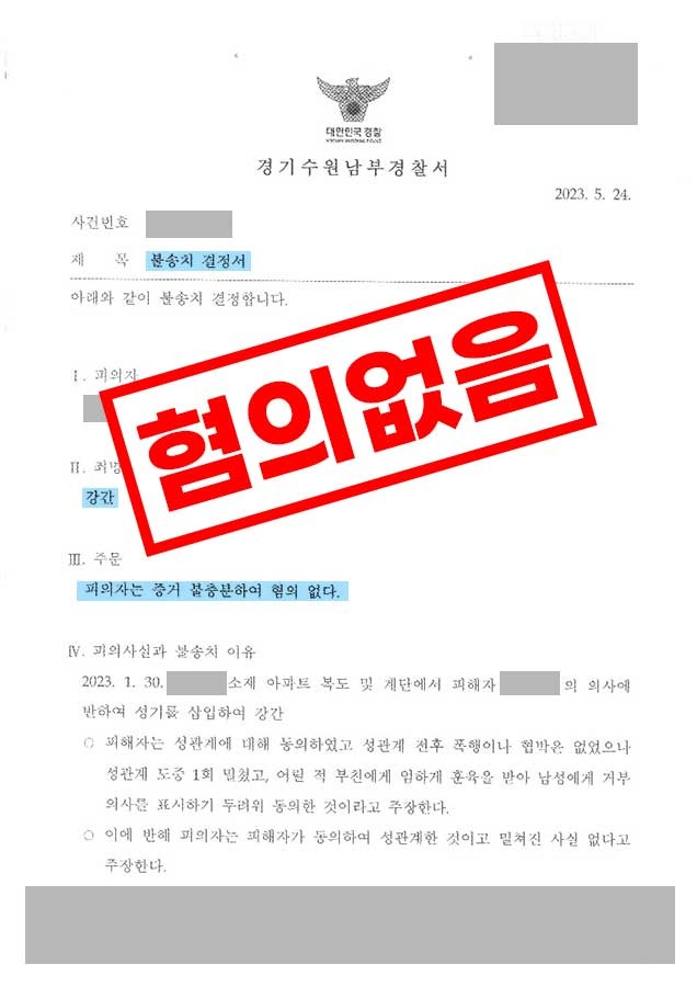 강간 혐의없음 증거불충분