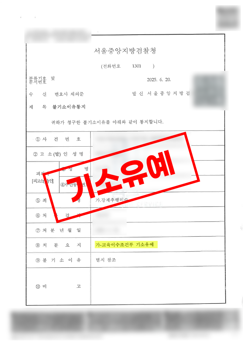 강제추행 미수 사건 합의 및 정상참작 통해 교육이수조건부 기소유예