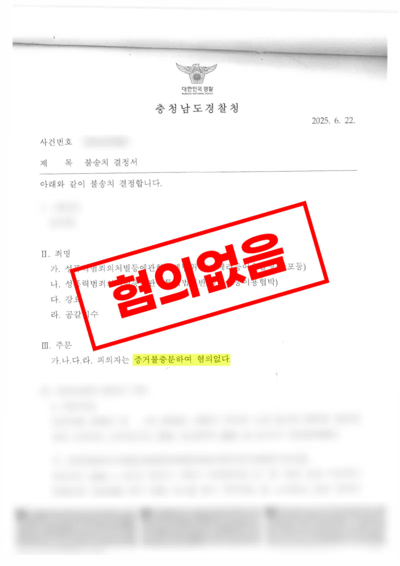 내연관계에서 제기된 카메라이용촬영 협박 주장 증거불충분으로 혐의없음