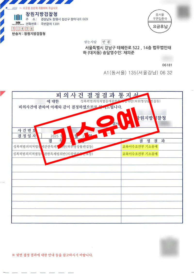 텔레그램 지인능욕 영상물 게시 사건 교육이수조건부 기소유예