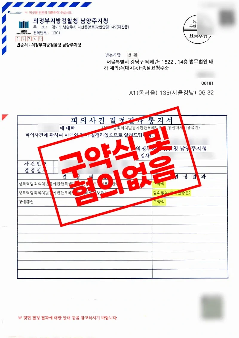 통신매체이용음란 및 명예훼손 혐의로 피해자와 합의한 후 각각 벌금 100만 원과 200만 원의 약식명령을 받은 사례 법원 약식명령문